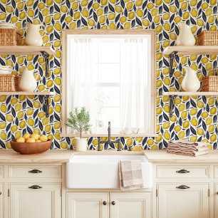 Yellow Lemons and Gray Leaves on White Wallpaper