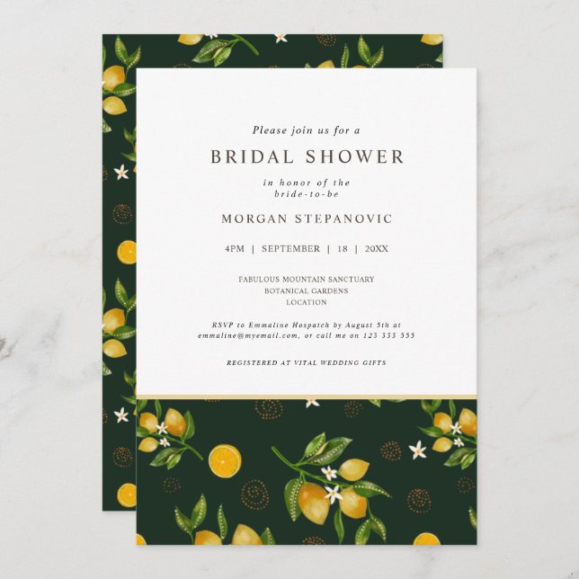 Yellow lemons and greenery bridal shower invitation (Front/Back)