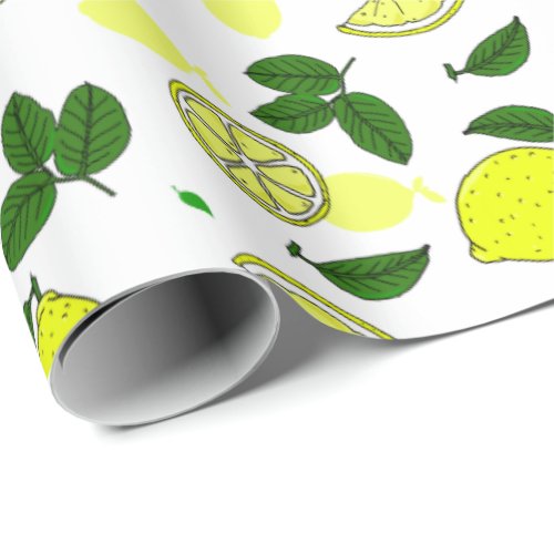 Yellow Lemons and Leaves Hand Illustrated Pattern Wrapping Paper