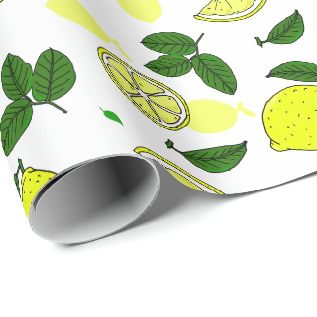 Yellow Lemons and Leaves Hand Illustrated Pattern Wrapping Paper (Roll Corner)