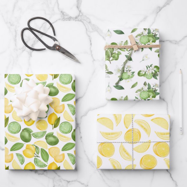 Yellow Lemons and Limes On the Vine   Wrapping Paper Sheets (Front)