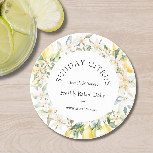 Yellow Lemons and White Flowers Floral Wreath Coaster (In situ)