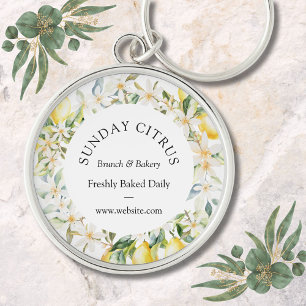 Yellow Lemons and White Flowers Floral Wreath Keychain