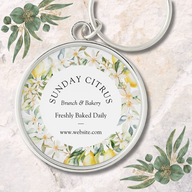 Yellow Lemons and White Flowers Floral Wreath Keychain (In situ)