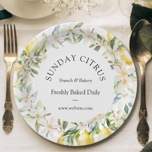 Yellow Lemons and White Flowers Floral Wreath Paper Plates