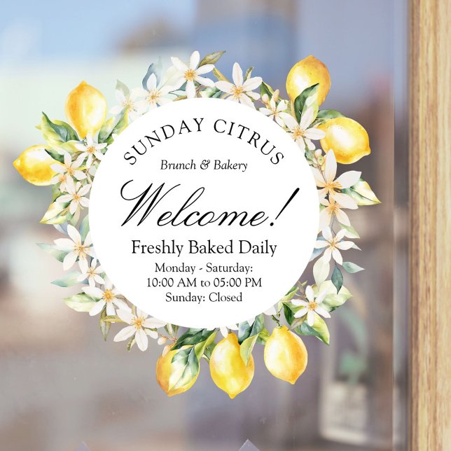 Yellow Lemons and White Flowers Floral Wreath Window Cling (In situ)