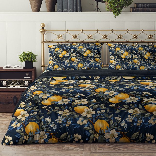 Yellow lemons blue flowers Mediterranean Summer  Duvet Cover (Yellow lemons blue flowers Mediterranean Summer Duvet Cover)