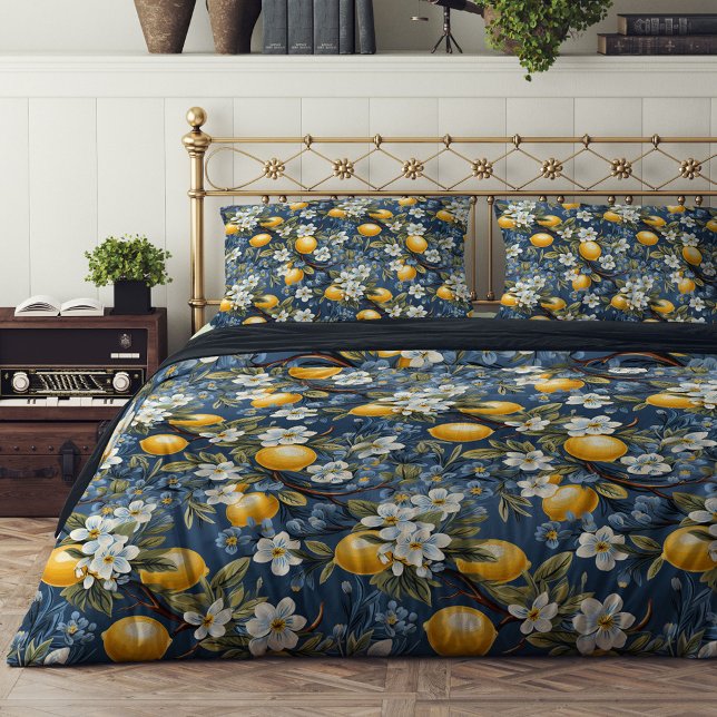 Yellow lemons blue flowers Mediterranean Summer  Duvet Cover (Yellow lemons blue flowers Mediterranean Summer Duvet Cover)