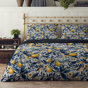 Yellow lemons blue flowers Mediterranean Summer  Duvet Cover