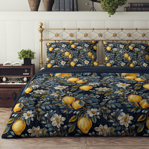 Yellow lemons blue flowers Mediterranean Summer Duvet Cover
