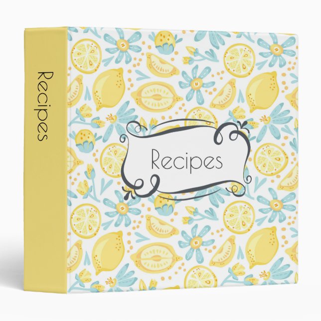 Yellow Lemons & Blue Flowers Pattern | Recipe 3 Ring Binder (Front/Spine)