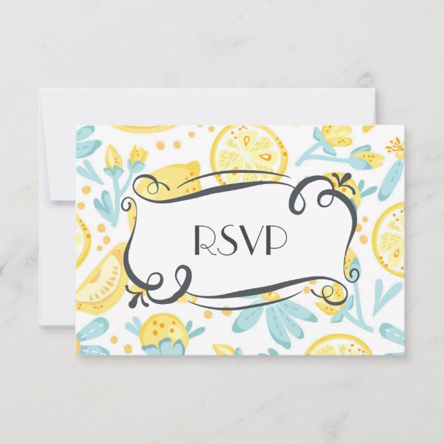 Yellow Lemons & Blue Flowers Quaint Wedding RSVP (Front)