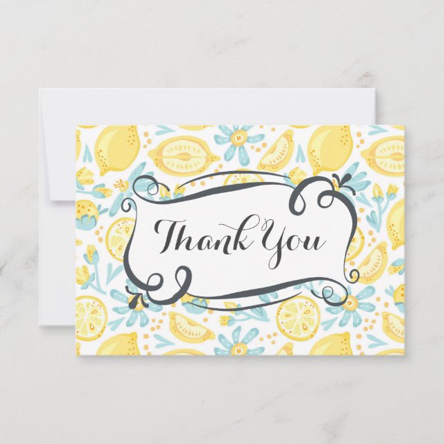 Yellow Lemons & Blue Flowers Thank You Card (Front)