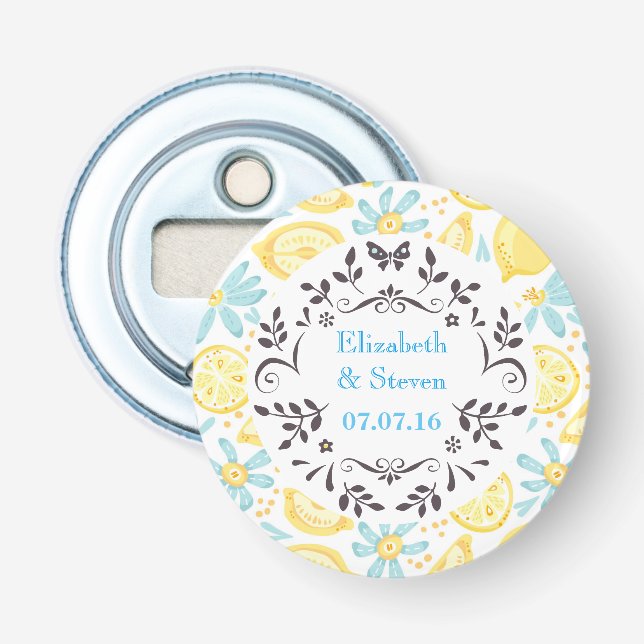 Yellow Lemons & Blue Flowers Wedding Date Bottle Opener (Front)