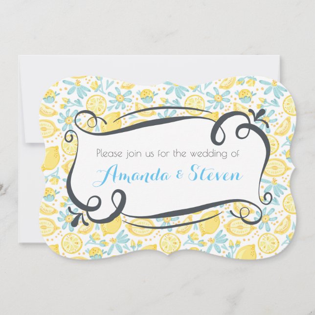 Yellow Lemons & Blue Flowers Wedding Invite (Front)