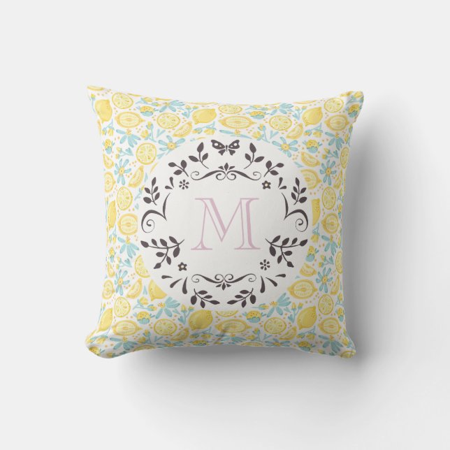 Yellow Lemons & Blue Flowers With Monogram Letter Throw Pillow (Front)