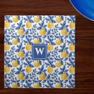 Yellow Lemons Blue Foliage Mediterranean Amalfi Cloth Napkin