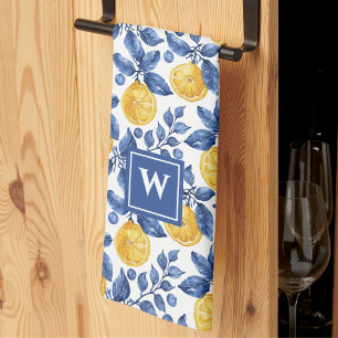 Yellow Lemons Blue Foliage Mediterranean Amalfi Kitchen Towel