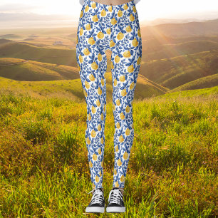 Yellow Lemons Blue Foliage Mediterranean Amalfi Leggings