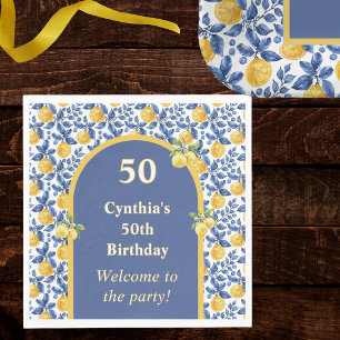 Yellow Lemons Blue Mediterranean Amalfi Birthday Napkins
