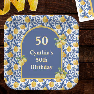 Yellow Lemons Blue Mediterranean Amalfi Birthday Paper Plates