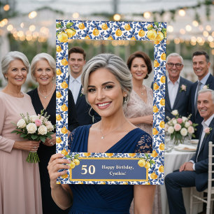 Yellow Lemons Blue Mediterranean Amalfi Birthday Selfie Frame