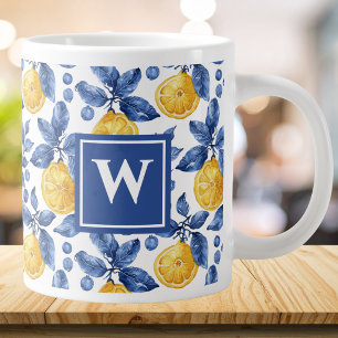 Yellow Lemons Blue Mediterranean Amalfi Initial Giant Coffee Mug