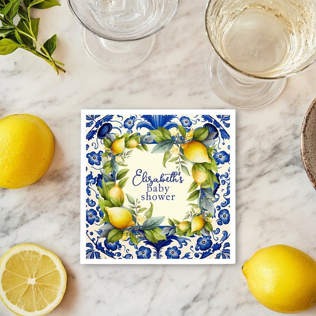 Yellow Lemons Blue Tile Lemon Baby Shower Napkins (Yellow Lemons Blue Tile Lemon Baby Shower Napkins)