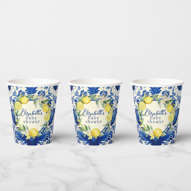 Yellow Lemons Blue Tile Lemon Baby Shower Paper Cups (Multi)