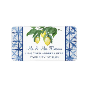 Yellow Lemons Citrus Foliage Blue White Wedding Label