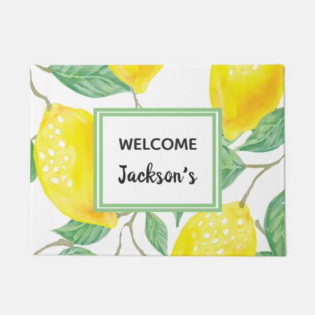 Yellow lemons family name welcome doormat (Front)