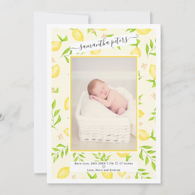 Yellow lemons fruits watercolor photo baby birth announcement (Front)