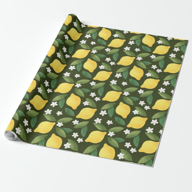 Yellow Lemons, Green Leaves and White Flowers Wrapping Paper (Unrolled)