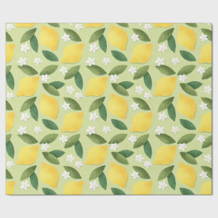 Yellow Lemons, Green Leaves and White Flowers Wrapping Paper