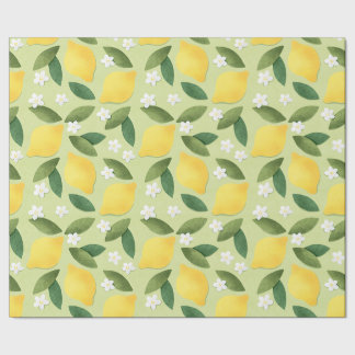 Yellow Lemons, Green Leaves and White Flowers Wrapping Paper