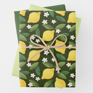 Yellow Lemons, Green Leaves and White Flowers Wrapping Paper Sheets