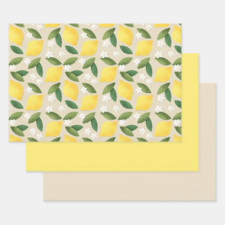 Yellow Lemons, Green Leaves and White Flowers Wrapping Paper Sheets