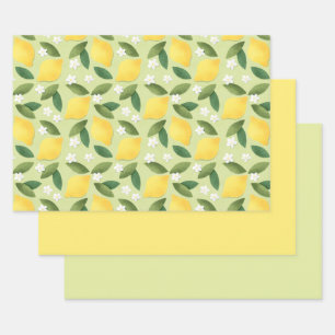 Yellow Lemons, Green Leaves and White Flowers Wrapping Paper Sheets