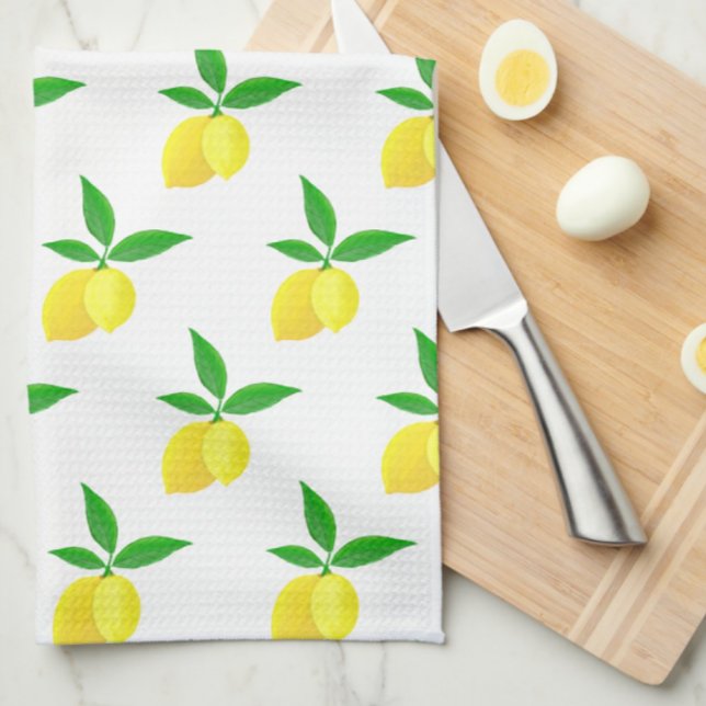 Yellow Lemons Green Leaves White Background Kitchen Towel (Lemony kitchen towels,)