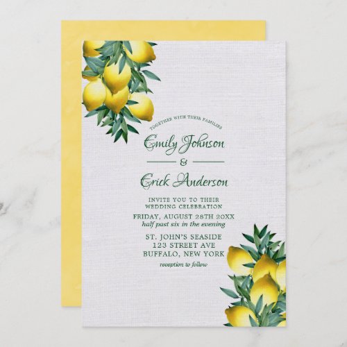 Yellow Lemons Greenery Vine Watercolor Wedding  In Invitation