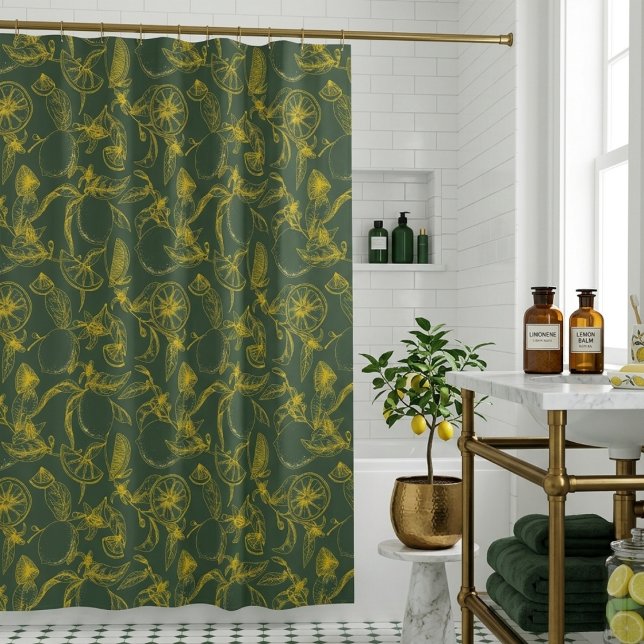 Yellow Lemons Hand Drawn Pattern on Green  Shower Curtain (Creator Uploaded)