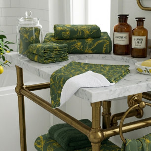 Yellow Lemons Hand Drawn Pattern on Green  Wash Cloth