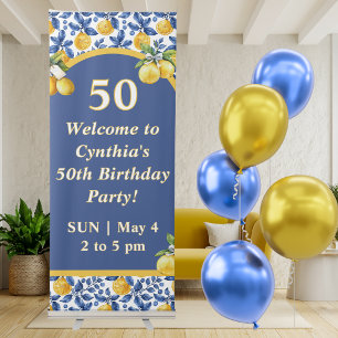 Yellow Lemons Majolica Blue Amalfi Birthday Party Retractable Banner