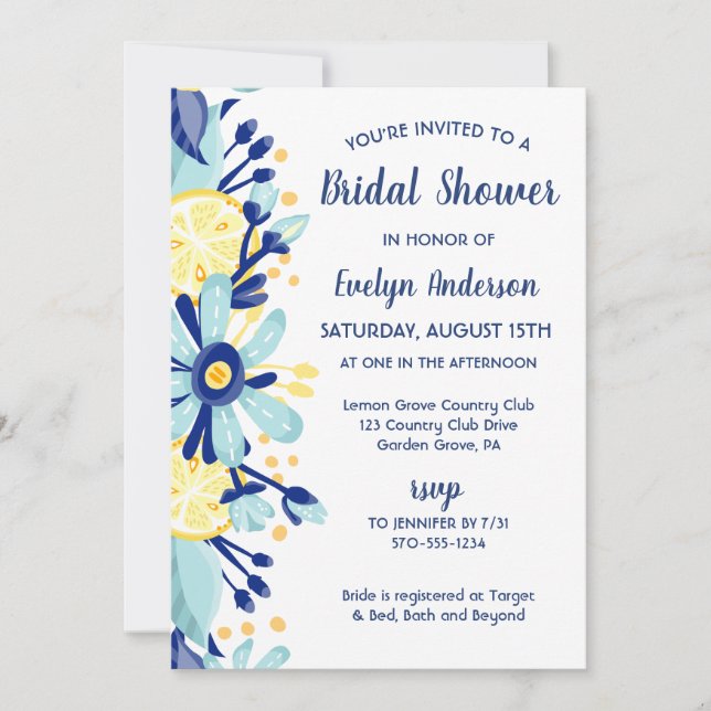 Yellow Lemons Mint Green and Blue Bridal Shower Invitation (Front)