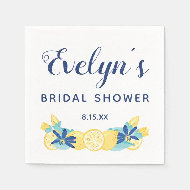 Yellow Lemons Mint Green and Blue Bridal Shower Napkins (Front)