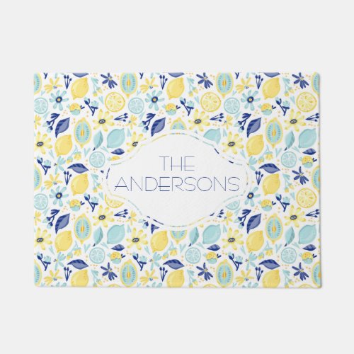 Yellow Lemons Mint Green and Blue Personalized Doormat