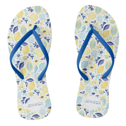 Yellow Lemons Mint Green and Blue Personalized Flip Flops