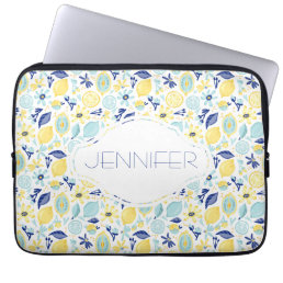 Yellow Lemons Mint Green and Blue Personalized Laptop Sleeve