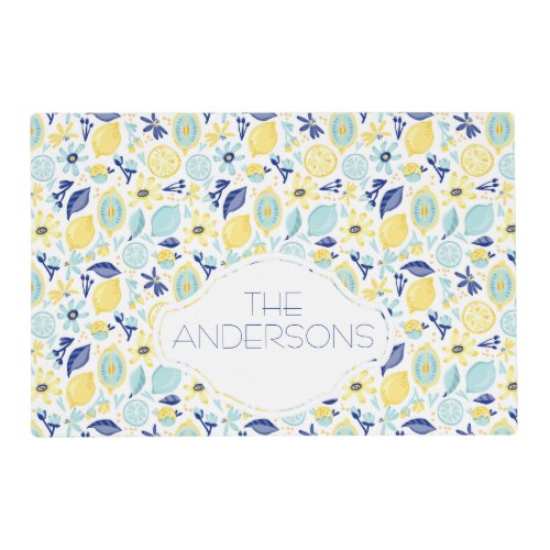 Yellow Lemons Mint Green and Blue Personalized Placemat