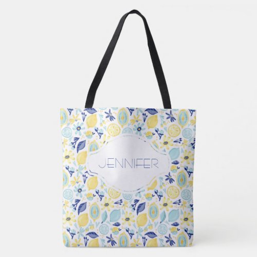 Yellow Lemons Mint Green and Blue Personalized Tote Bag